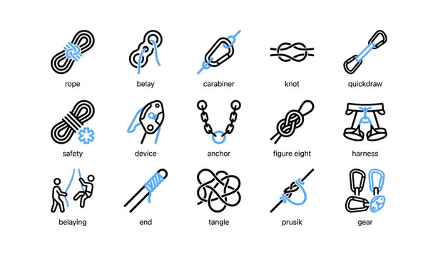 Climbing and rope safety icons arranged in grid on white background