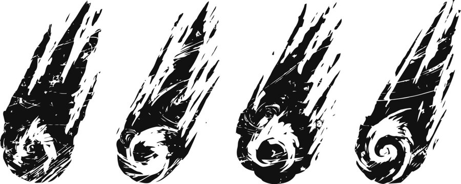 Four black comet silhouettes with various detailed tail streaks and swirling cores on white background