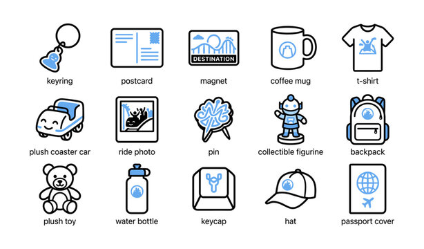 Souvenir and merchandise icons shown in grid layout