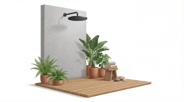 Potted plants sit on wooden deck beside concrete wall with shower