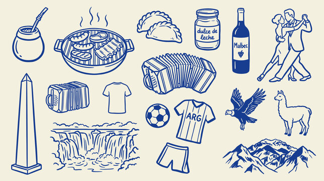 Comprehensive collection of hand drawn Argentina culture doodle icons featuring national symbols like tango dancer, gaucho, mate tea, sun of may, map silhouette, and traditional food illustration.