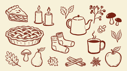 Hand Drawn Apple Pie Autumn Dessert Sketch Vector Illustration Set Featuring Traditional Homemade Fruit Pastry Bakery Ingredients Seasonal Fall Sweet Food Harvest Rustic Engraving Charcoal Style