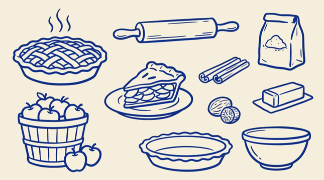Hand drawn collection of classic apple pie slices and whole tart with crumb topping in a minimalist outline sketch style vector illustration isolated on white background for bakery menu design.