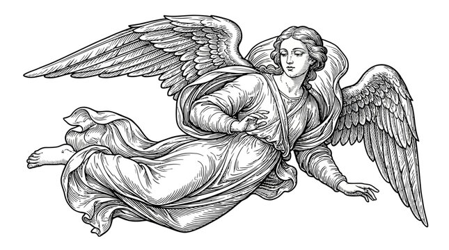 Exquisite celestial biblical angel soaring through the heavenly sky. Vintage Renaissance woodcut engraving style illustration. Isolated monochrome outline vector graphic artwork.