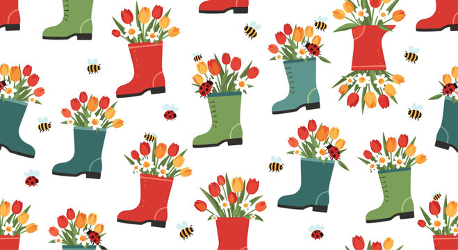 Seamless pattern featuring colorful rain boots filled with spring tulips and daisies, surrounded by buzzing bees and ladybugs.