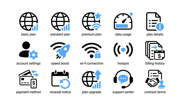 Subscription and account icons showing plan and billing on white