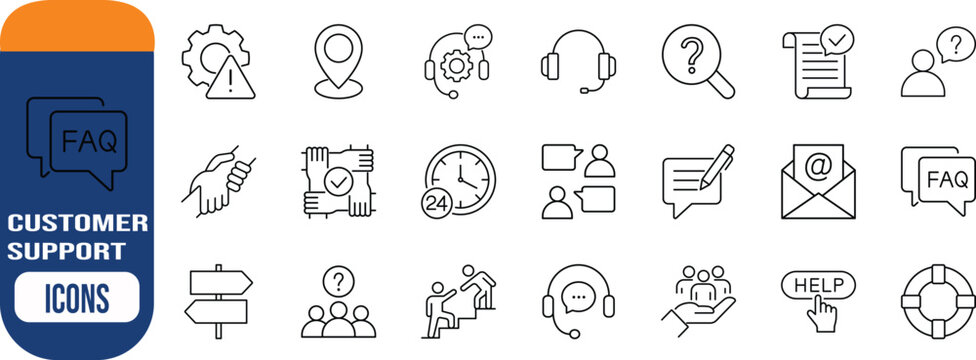 Customer service and support icons. headset icon set, question icon set, chat icon set