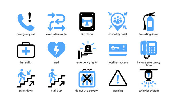 Emergency and safety icons showing common symbols on white background