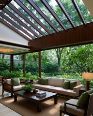 Fototapeta premium Sunlit Conservatory Lounge: A modern conservatory lounge blends indoor comfort with outdoor serenity, featuring plush seating arranged around a dark wood coffee table.