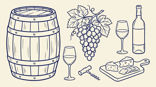 Artistic Wine Set Sketch with Grapes and Wooden Barrel Outline Vector Illustration. Detailed Line Art Design of Vineyard Elements, Glass, Bottle, and Cask for Winery Branding and Menu Decoration.