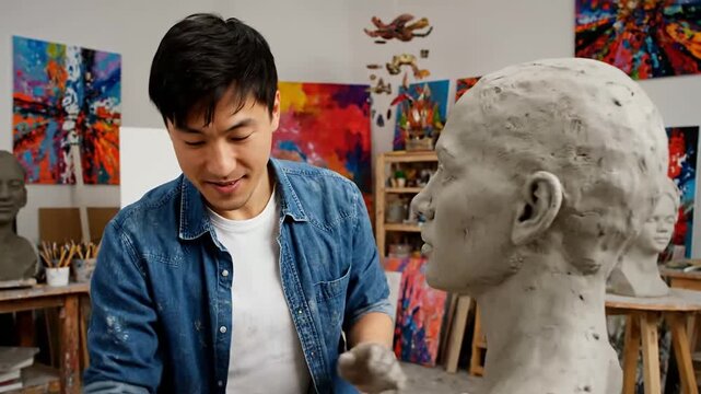 Smiling asian sculptor shaping clay bust in art studio or cheerful artist sculpting clay head in workshop with paints