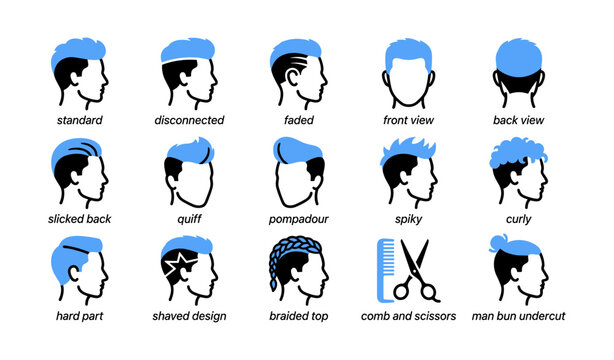 Male hairstyle icons displaying various cuts and barber tools