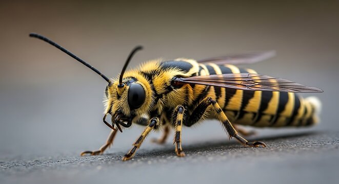 Close up of a yellow jacket wasp on a window.