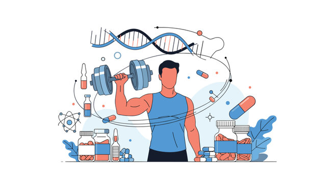 Strong man lifting heavy dumbbell surrounded by medical icons like DNA, pills, and supplements for sports nutrition and health.