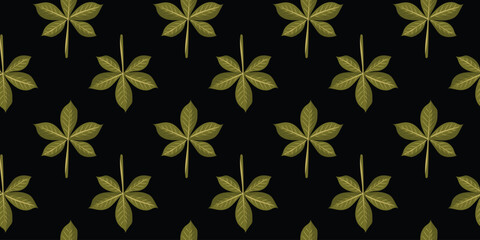 Fototapeta premium Luxury seamless pattern of autumn chestnut leaves with detailed lines on a solid black background repeatable vector wallpaper.