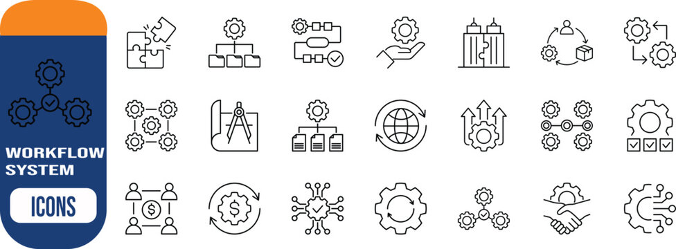Process workflow management system icons. gear icon set, puzzle icon set, globe icon set