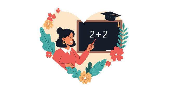 Heart shaped frame with teacher pointing at chalkboard showing simple math equation, surrounded by colorful flowers and leaves.