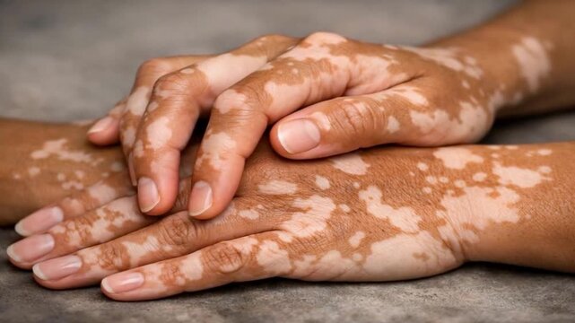 Person with vitiligo gently rubbing their hands, showing the skin condition in a close-up detail