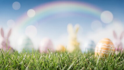 Fototapeta premium Easter Eggs and Bunnies Under Rainbow