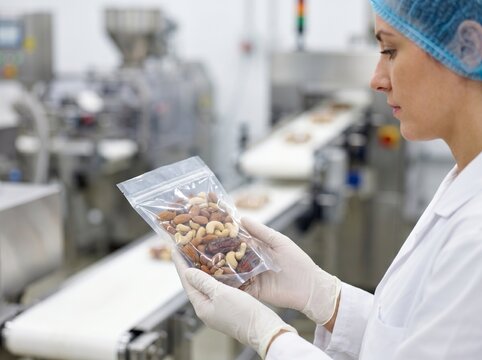 Vista de perfil de una inspectora sosteniendo una bolsa transparente de frutos secos durante el control de calidad en una f&aacute;brica, ideal para el concepto de seguridad alimentaria.