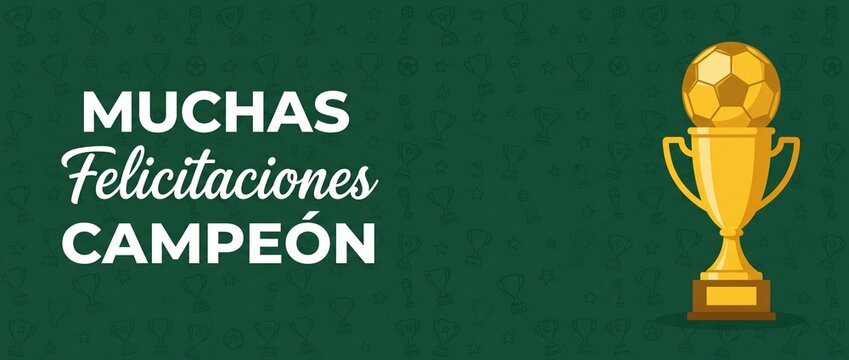 Spanish Soccer Champion Congratulations Trophy banner with gold cup and football on green background celebrating victory. Muchas felicitaciones campeon sport achievement success reward background.