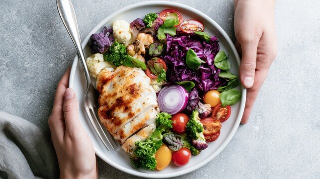 Person holds a plate with chicken and colorful vegetables, highlighting balanced nutrition and portion control for health