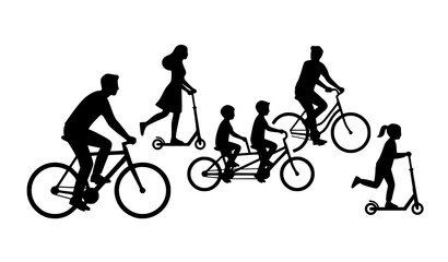 Fototapeta premium Active Outdoor Mobility Silhouette Icon Set Featuring People Riding Bicycles and Electric Kick Scooters for Eco Friendly Urban Transportation Graphics