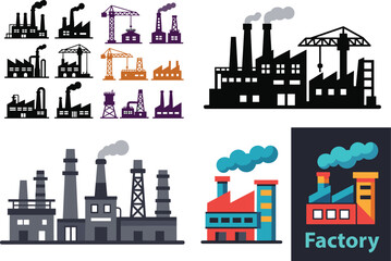 Fototapeta premium Industrial Factory Icon Set with Manufacturing Plant, Construction Crane and Production Facility Vectors