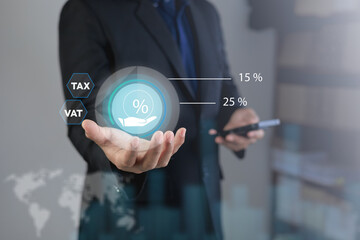 Obraz premium gst vat tax taxation taxes finance added, accounting, account, account ant, business.Business professional presenting a digital GST, VAT and tax interface with compliance and finance concepts.