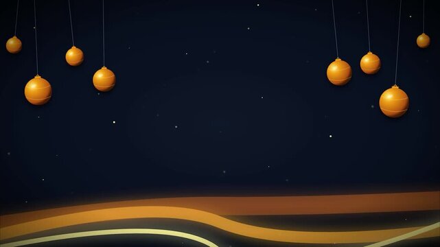 Golden holiday baubles hanging over abstract glowing waves on deep blue backdrop for luxury festive celebrations