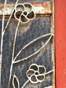 Decorative ironwork on a weathered door showcasing floral patterns in an urban setting