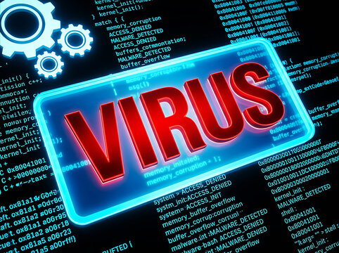 Red virus text on glowing blue digital screen with code computer technology