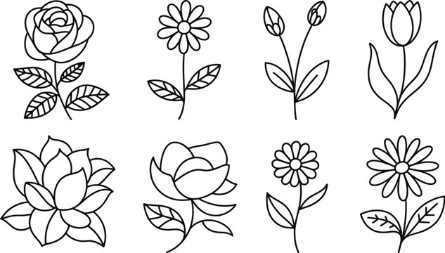 Set of beautiful flower line icons featuring simple black stroke outlines of rose tulip daisy chamomile and lotus plant blossoms
