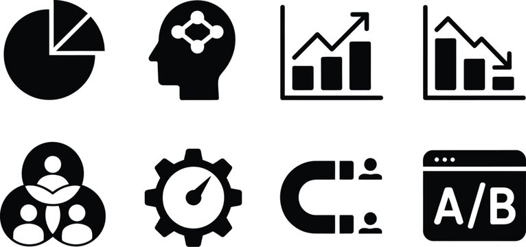 Business data analytics black solid glyph icon set featuring marketing growth charts pie diagram human brain and testing elements