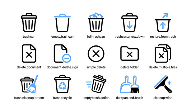 Trash and delete icons with cleaning tools on white background
