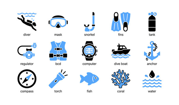 Diving equipment and underwater symbols arranged on white background