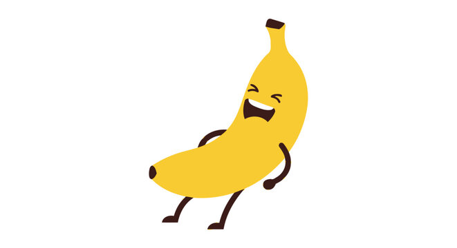 Funny cartoon banana character laughing, happy fruit mascot, isolated on white background