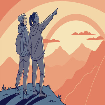 Friends exploring outdoors on mountain top at sunset graphic with mountain backpackers outdoors adventure landscape pointing climbing