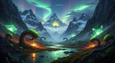Fototapeta premium Magical Mountain Valley with Aurora Borealis