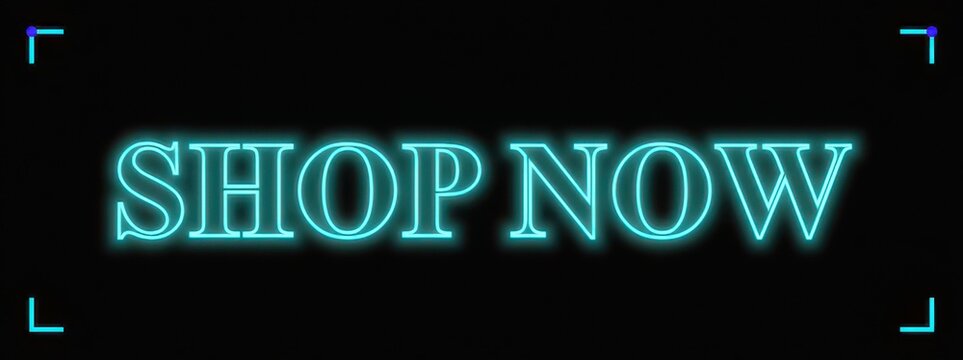 Aqua blue neon sign shop now text glowing on black with subtle graphic corner markers.