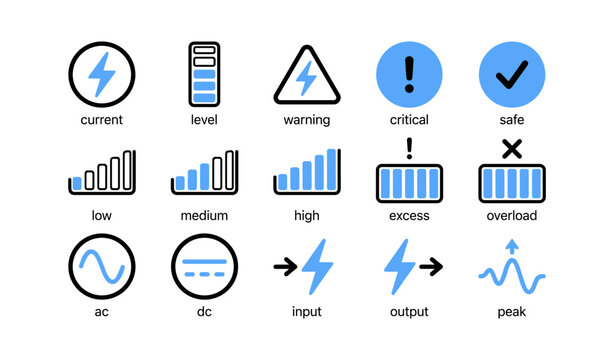 Electrical icons showing current, level, warnings and power