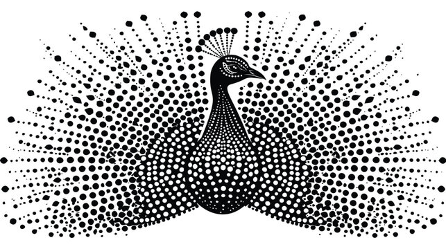 Peacock dot art illustration with spread tail feathers in black and white
