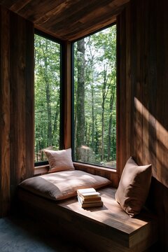 Cozy Reading Nook with Forest View: A warm, wood-paneled reading nook features a comfortable window seat with plush cushions and a stack of books.