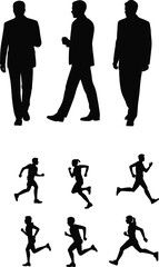 Obraz premium Black silhouette people walking and running, business attire icons, athletic movement vector design, human posture illustration art template