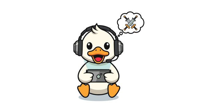 Tech-savvy duckling character wearing headphones and playing a mobile game on its phone with a thought bubble showing crossed swords.
