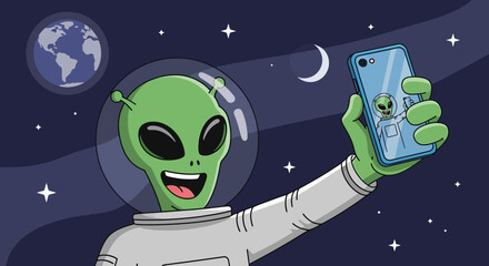Fototapeta premium Alien Astronaut Taking Selfie in Space with Earth and Moon Background
