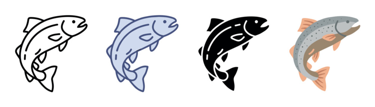 Fish icons set. Jumping fish icon. Salmon, trout, seafood symbol. Fishing, ocean, river animal. Flat, line, solid, and color style