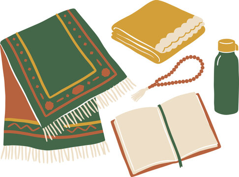 Islamic Prayer Mat Sajadah with Quran Book and Rosary Prayer Beads Flat Lay, Flat Vector Illustration of Muslim Worship Objects and Ramadan Religious Elements