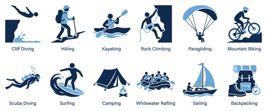 Outdoor adventure icons set. Extreme sports and activities. Cliff diving, hiking, kayaking, rock climbing. Paragliding, mountain biking, scuba diving. Surfing, camping, rafting, sailing,