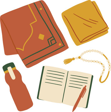 Islamic Holy Books Quran with Prayer Beads Tasbih and Smartphone Flat Lay, Flat Vector Illustration of Muslim Worship Study Elements on Beige Background
